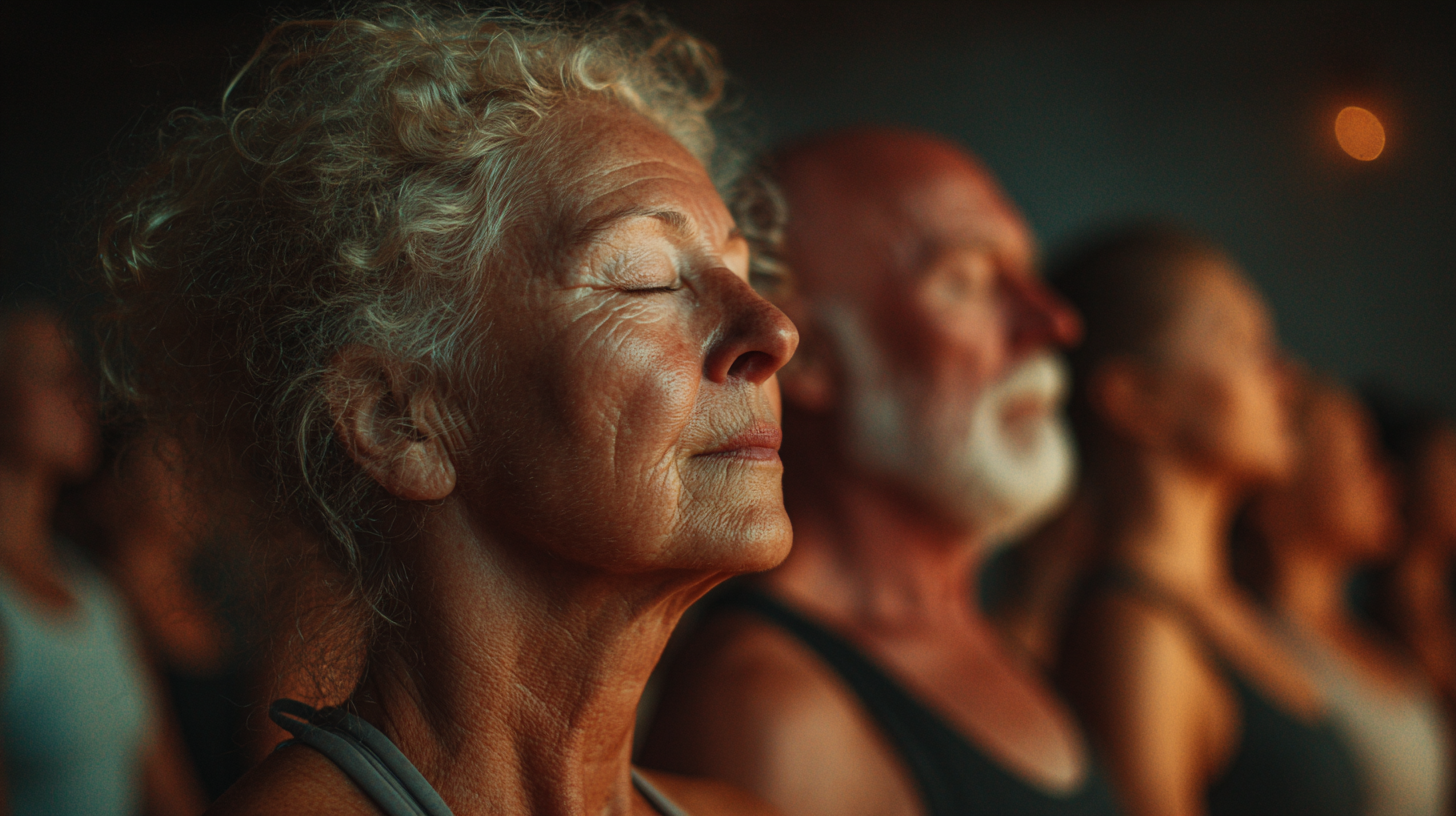 Seniori practicând yoga digital